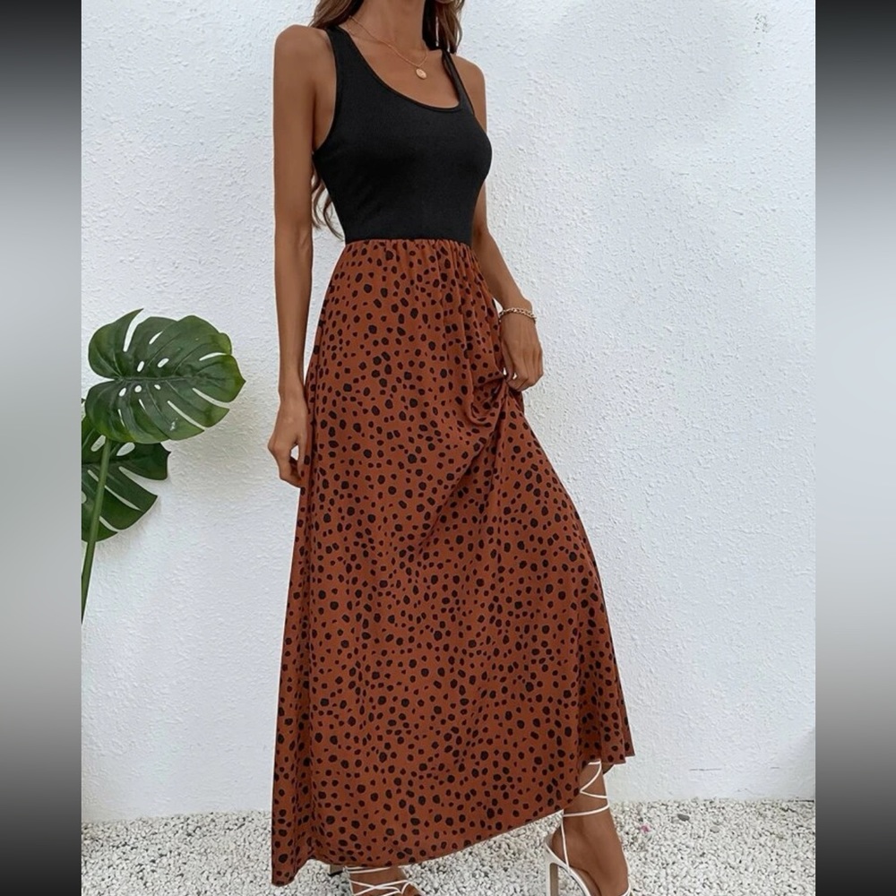 Boho Dalmatian print color block sleeveless maxi dress - Picture 2 of 15